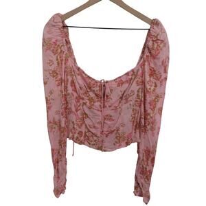 Free People Womens Sz S Pink Combo Hilary Printed Top Floral Square Neck Blouse